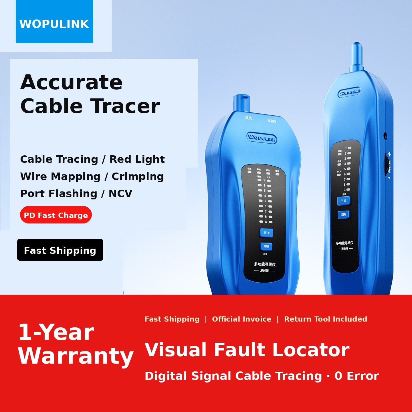 Multifunctional Network Cable Tracer with RJ45 Wire Mapping, Port Flashing, NCV & VFL