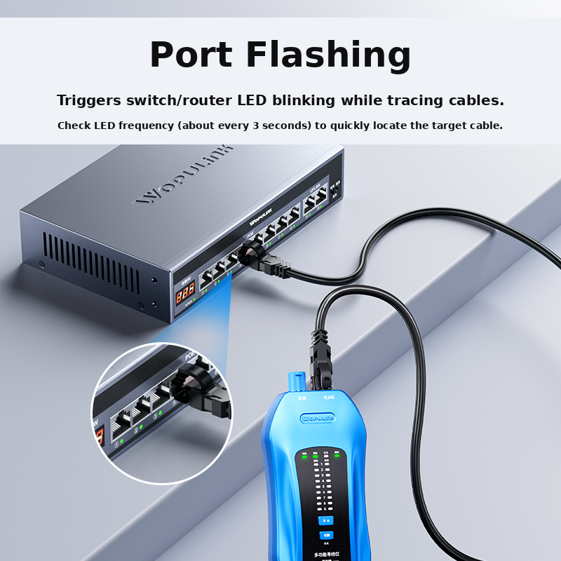 Multifunctional Network Cable Tracer with RJ45 Wire Mapping, Port Flashing, NCV & VFL