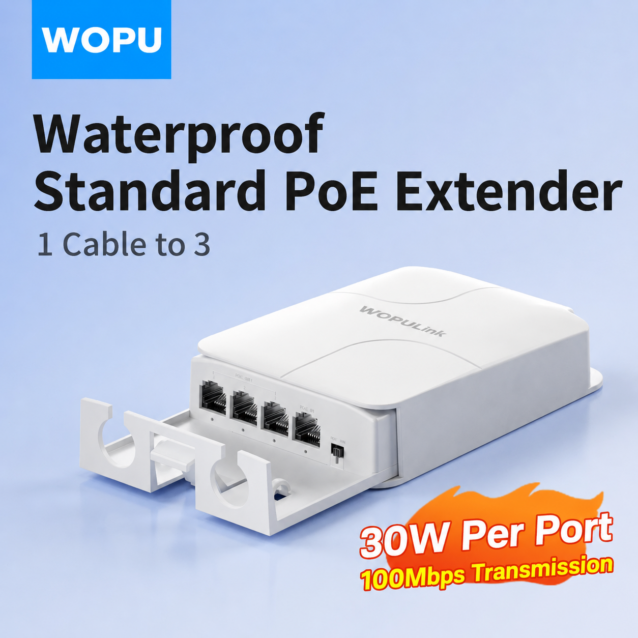Waterproof 1 to 3 PoE Extender, 30W power per port, 10/100Mbps, Up to 200m, compatible with most brands, including Hikvision and Dahua.