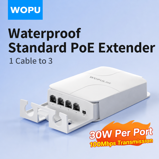 Waterproof 1 to 3 PoE Extender, 30W power per port, 10/100Mbps, Up to 200m, compatible with most brands, including Hikvision and Dahua.